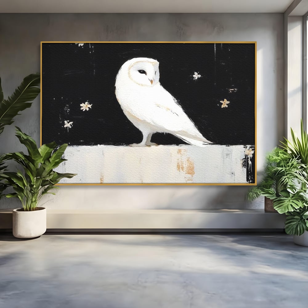 Tablou canvas cu tablou canvas cu bufnita alba, in rama de aluminiu auriu